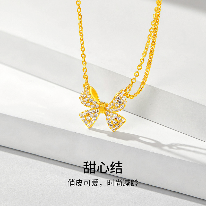 梦金园银饰 蝴蝶结925银项链配饰女秋冬小众锁骨链新年情人节礼物