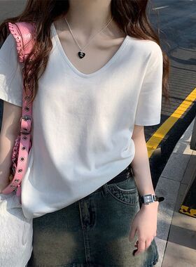 0514kV领T恤2026新款夏季白短袖正肩宽松大领口显瘦V领白色上衣女