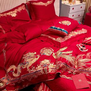 结婚百子图婚庆四件套全纯棉大红喜被床上用品婚陪嫁妆龙凤六件套