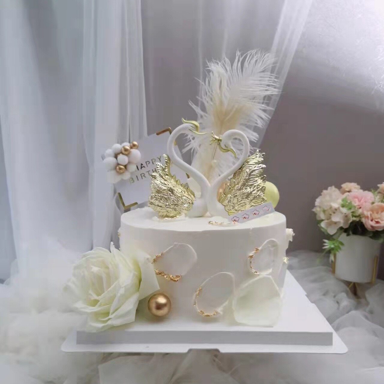 情人节金银色皇冠天鹅浪漫爱情火烈鸟生日蛋糕婚礼甜品台装饰摆件