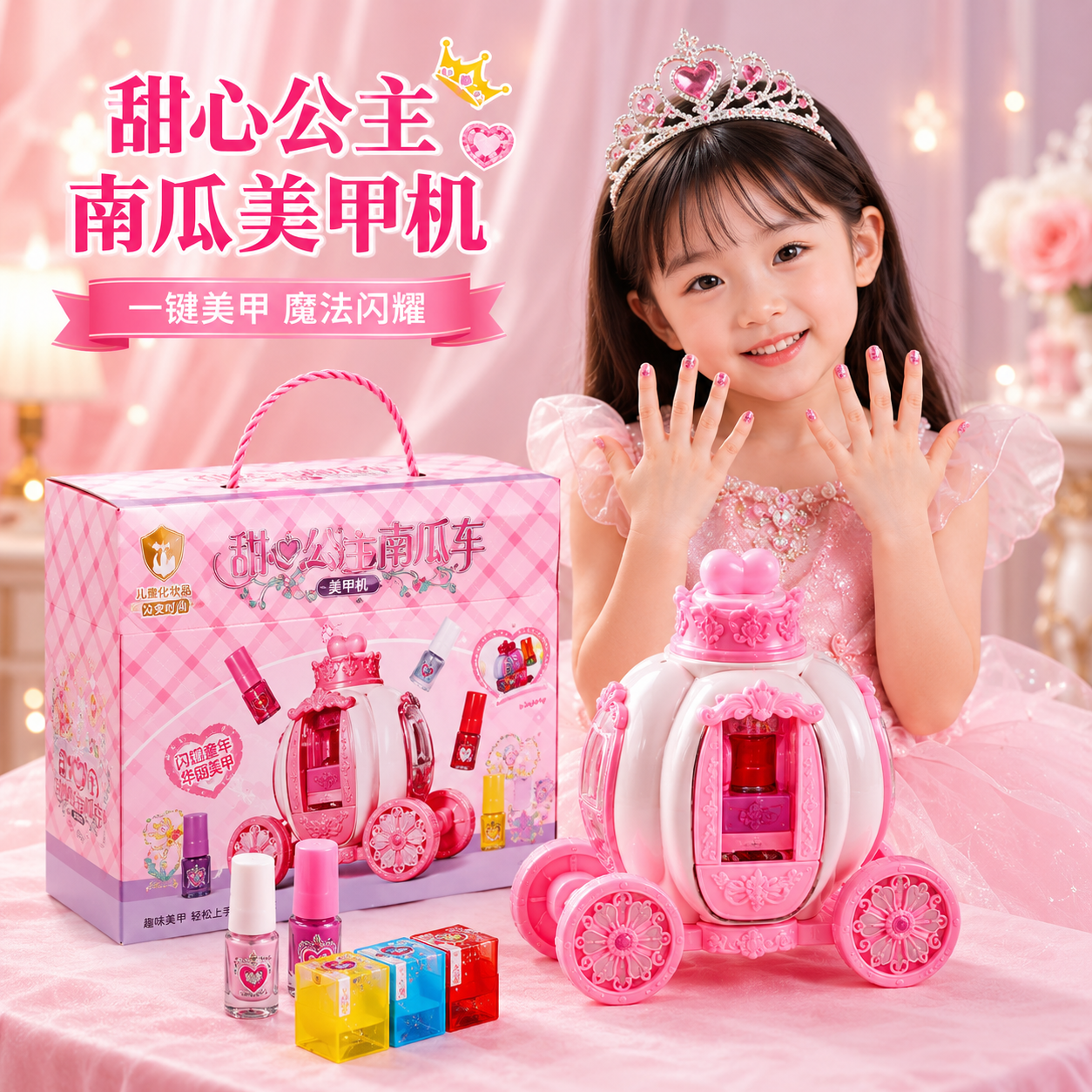 儿童彩妆玩具公主南瓜车美甲机女孩过家家可撕美甲六一儿童节礼物