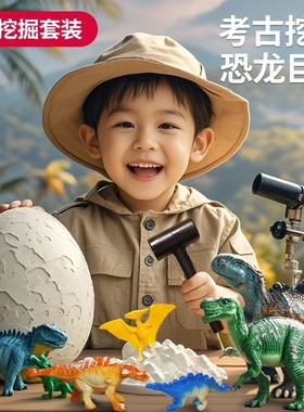 巨型恐龙蛋化石考古挖掘敲挖宝石玩具儿童石膏挖宝藏盲盒男孩礼物