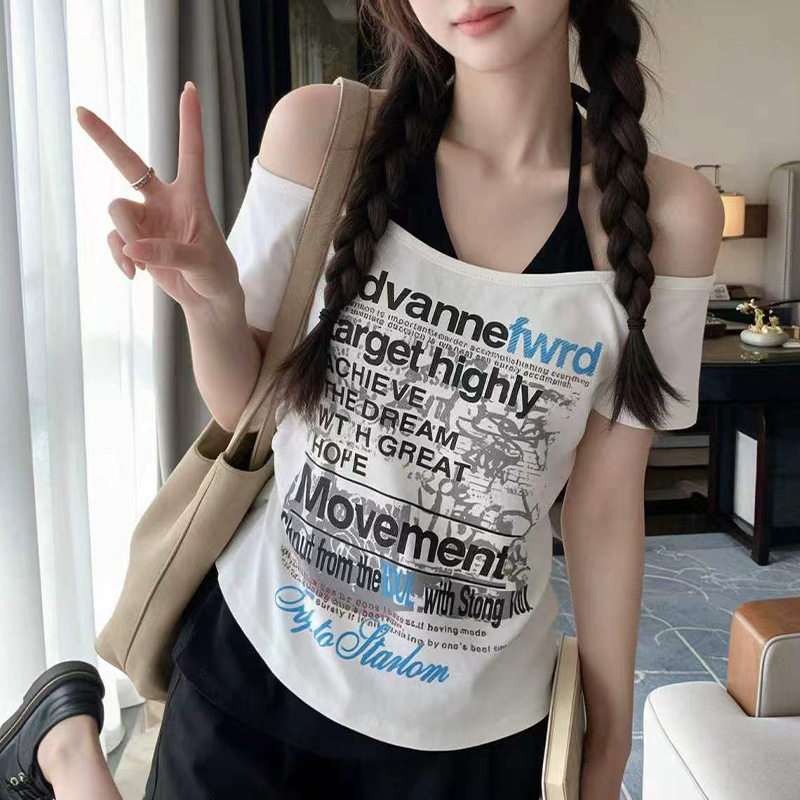复古印花字母挂脖短袖T恤女夏设计感撞色小众假俩件短款吊带上衣