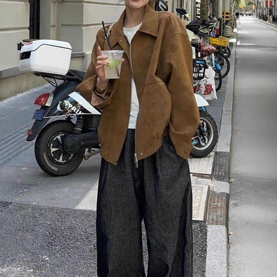 美式复古仿麂皮绒夹克外套女春秋季新款休闲宽松翻领中长款上衣潮