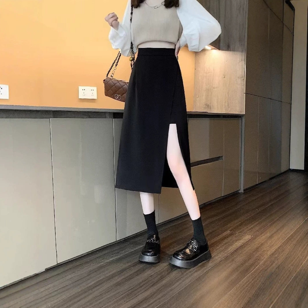 胖mm大码不规则开叉黑色半身裙女中长款a字裙秋装高腰包臀裙