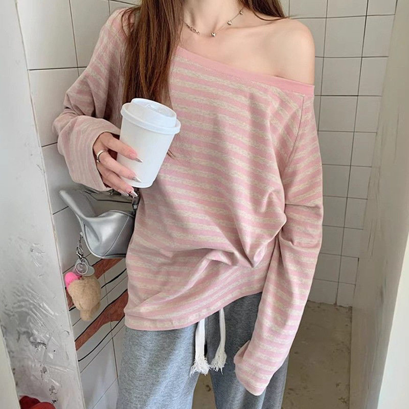 韩系甜辣风条纹斜肩长袖t恤女秋季新款宽松显瘦粉色露肩上衣