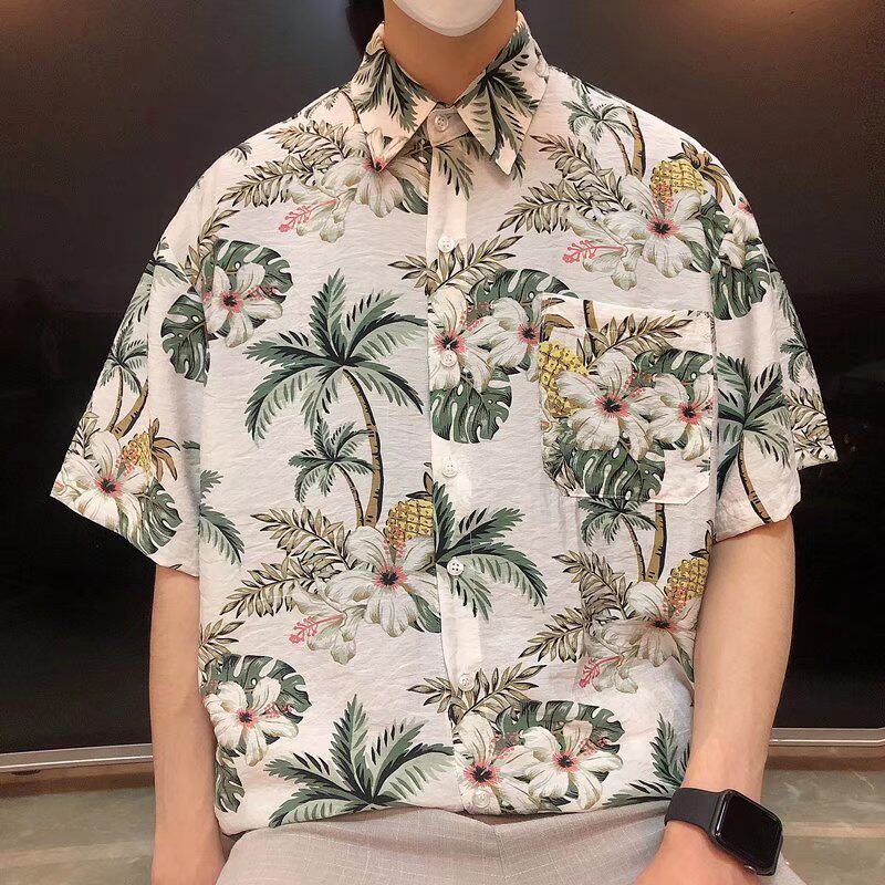夏季潮流沙滩坠感衬衫男美式痞帅短袖上衣复古港味古着花衣情侣潮