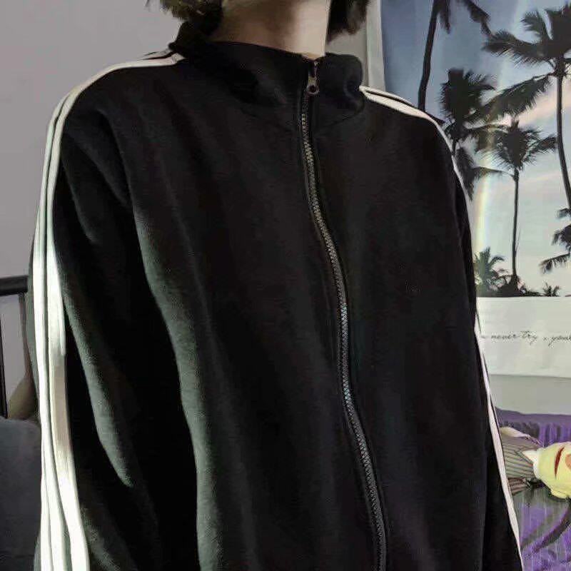韩版夹克开衫长袖卫衣外套男士立领运动服装春秋季三条杠条纹
