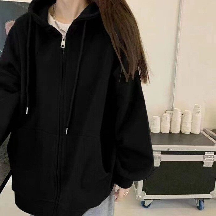 卫衣外套女春秋季薄款韩系慵懒灰色美式chic宽松连帽拉链开衫上衣