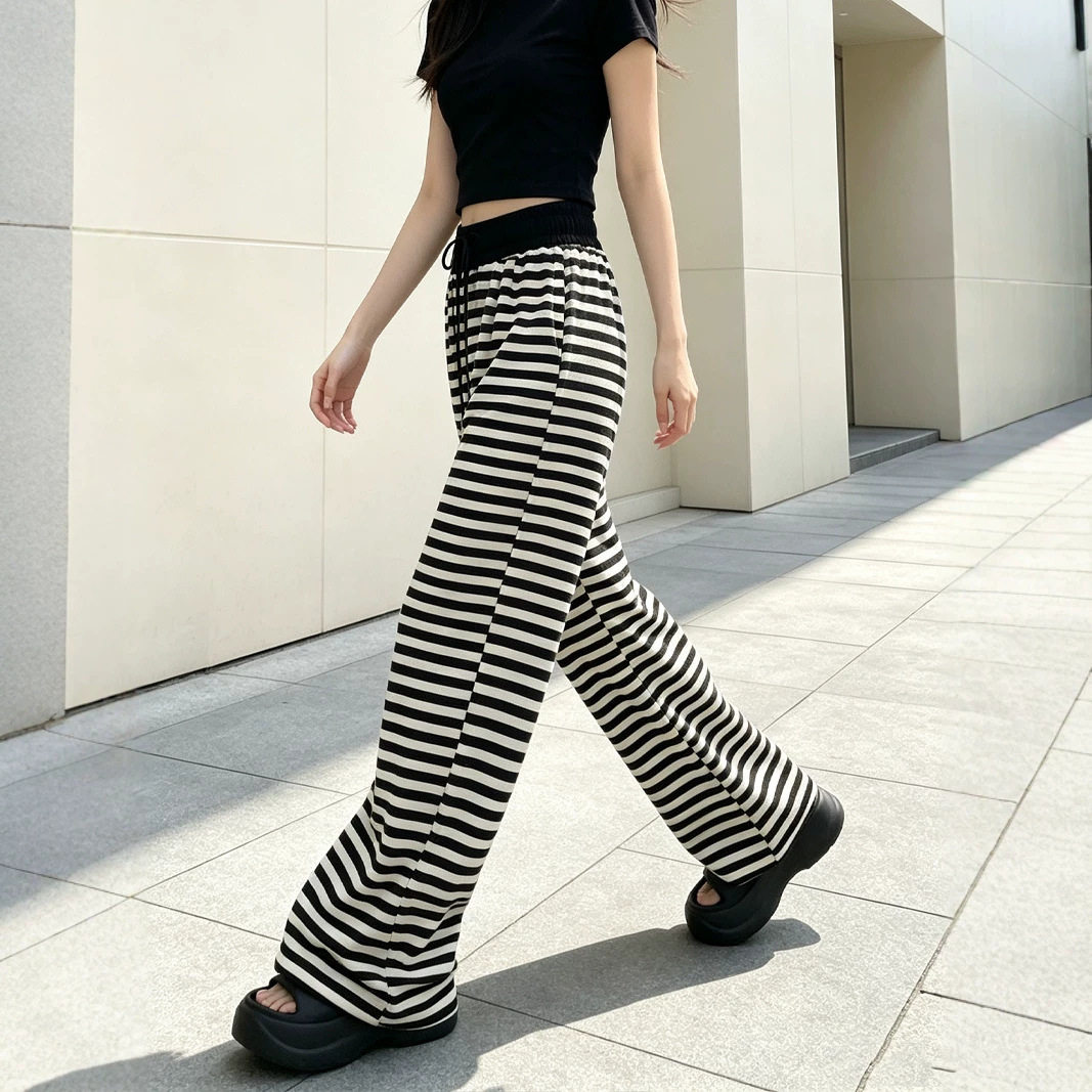 韩系松弛感撞色黑白条纹阔腿裤女夏季新款休闲百搭高腰长裤子