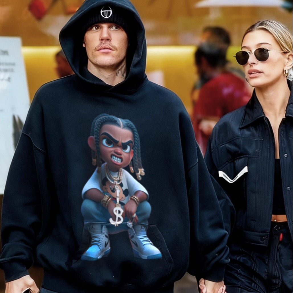 嘻哈脏辫卡通rapper帅气复古做旧水洗比伯重磅秋冬宽松连帽卫衣