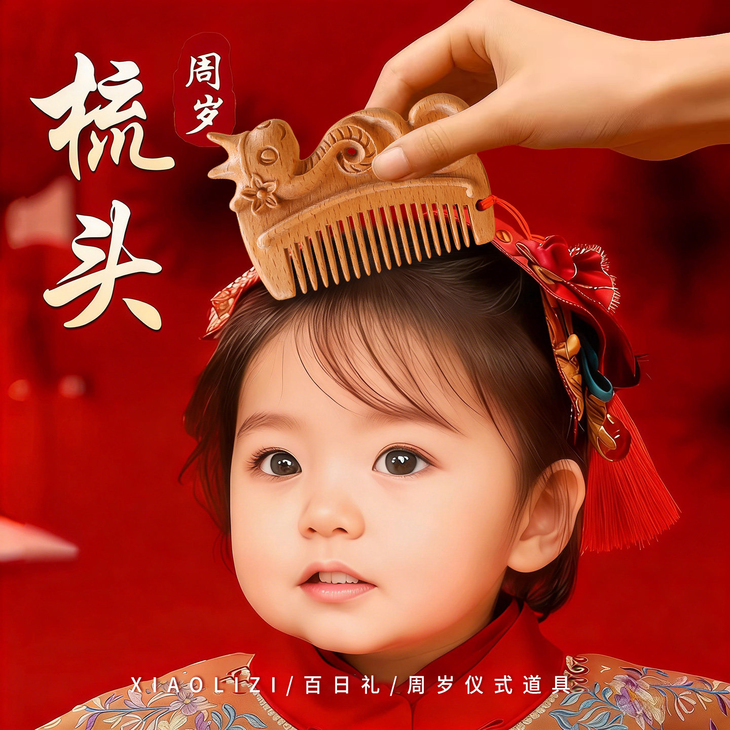 小李子桃木蛇宝宝新生儿婴儿百天满月百日宴梳头仪式生肖周岁梳子