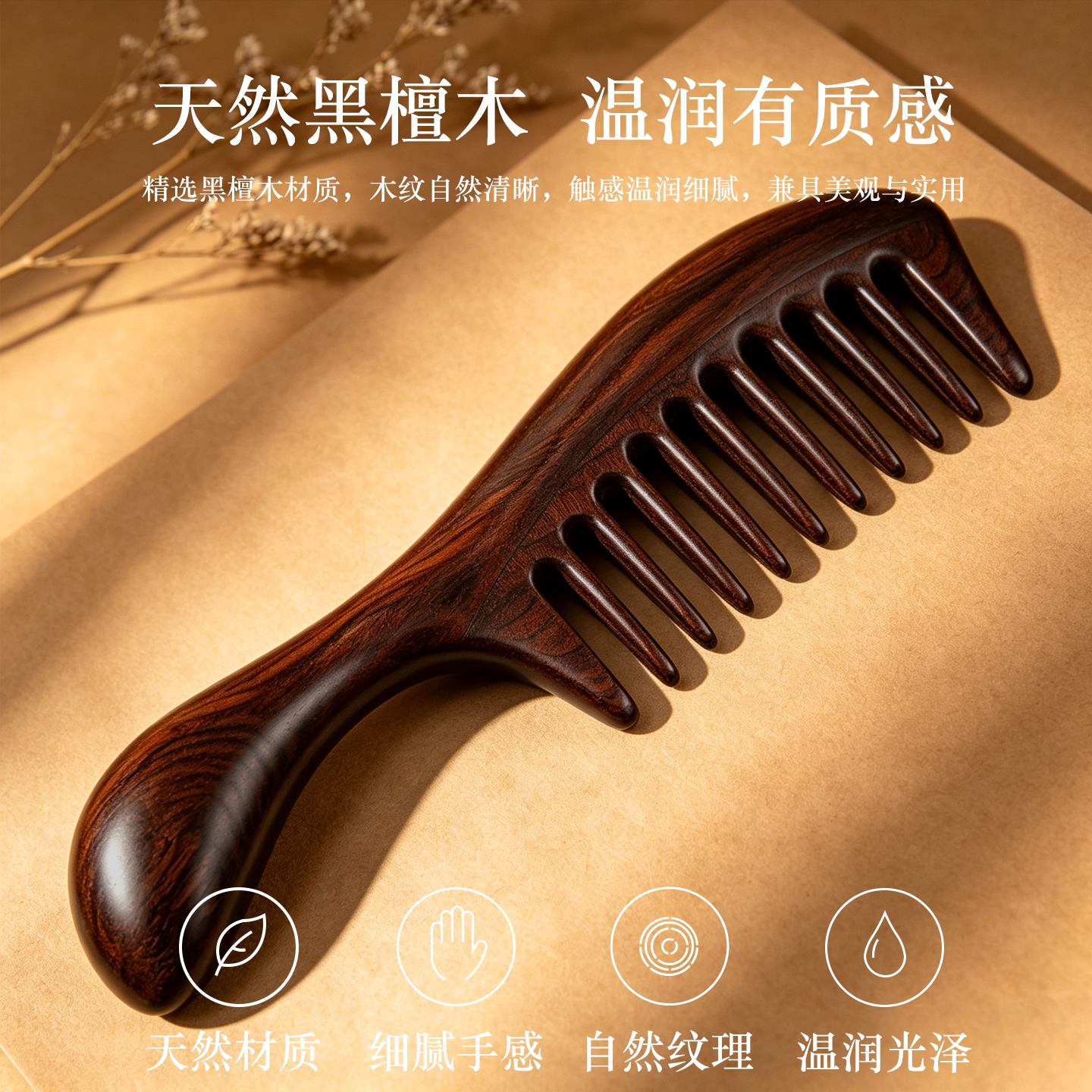 黑檀木梳子大宽齿卷发梳头皮经络按摩梳子长发专用刻字教师节送礼