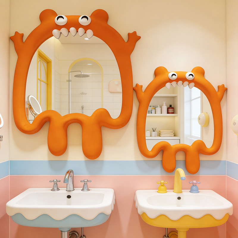 多巴胺小怪兽浴室镜儿童卫生间洗漱镜卡通可爱壁挂LED化妆镜装饰