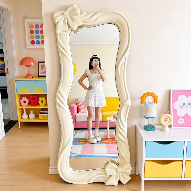奶油风异形全身镜卧室衣帽间落地穿衣镜高级设计感服装店试衣镜子