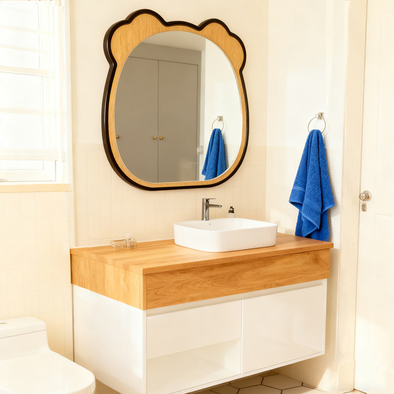 可爱小熊造型化妆镜简约卫生间led浴室镜不规则创意艺术感装饰镜