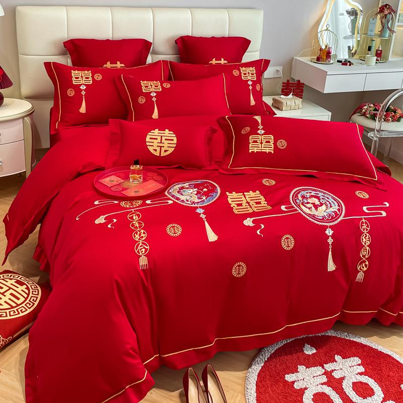 高档龙凤刺绣结婚四件套大红色备婚房床单被套新婚庆喜被床上用品