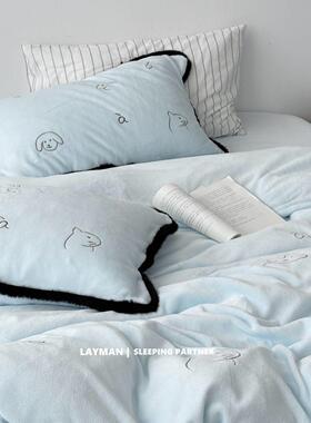 Layman外行 【小新画画】秋冬加厚保暖卡通刺绣牛奶绒四件套双面