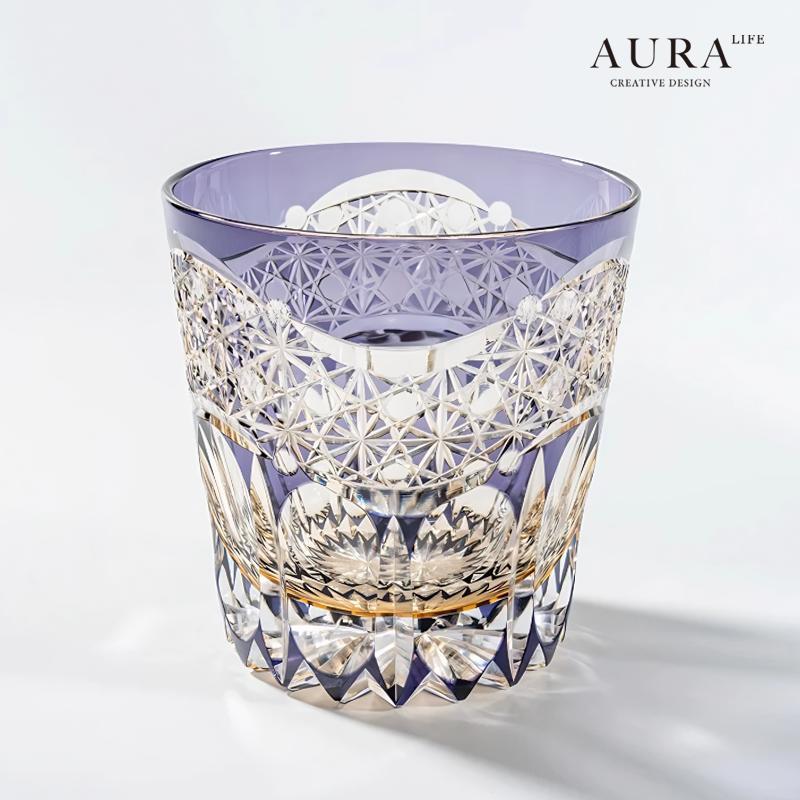 AURA'S紫曙光江户切子手工雕刻水晶玻璃杯日式高档威士忌酒
