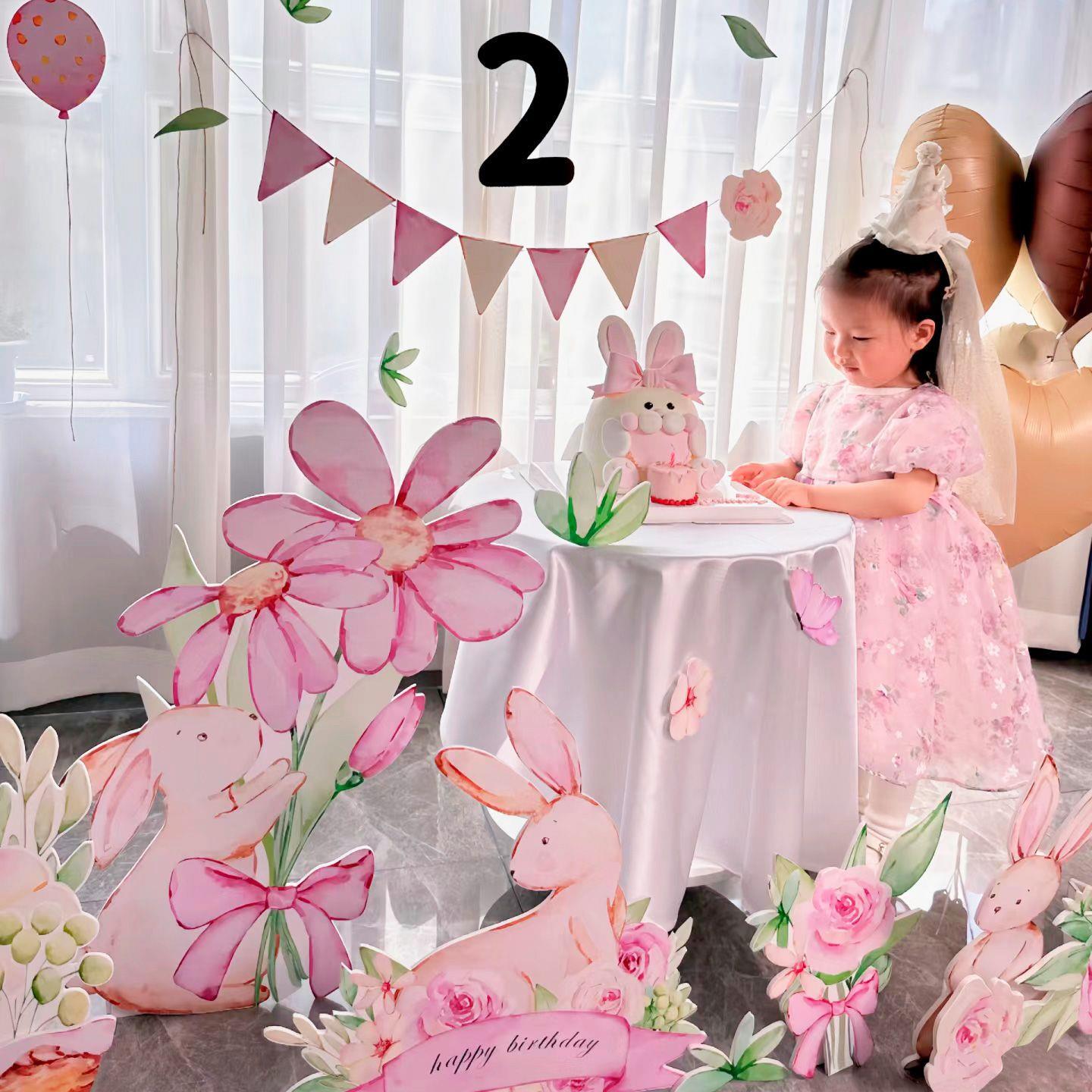 儿童生日派对桌面布置百天宴周岁小兔子KT板装饰宝宝满月拍照道具