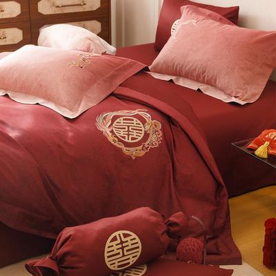 新中式婚庆床品龙凤刺绣渐变色印花100S全棉红色结婚被套床单床笠