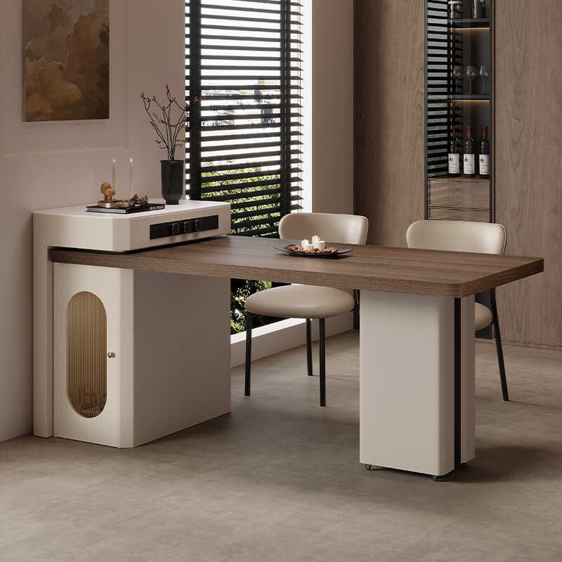 意式极简岛台餐桌一体可伸缩木纹岩板家用小户型高端轻奢实木倒台