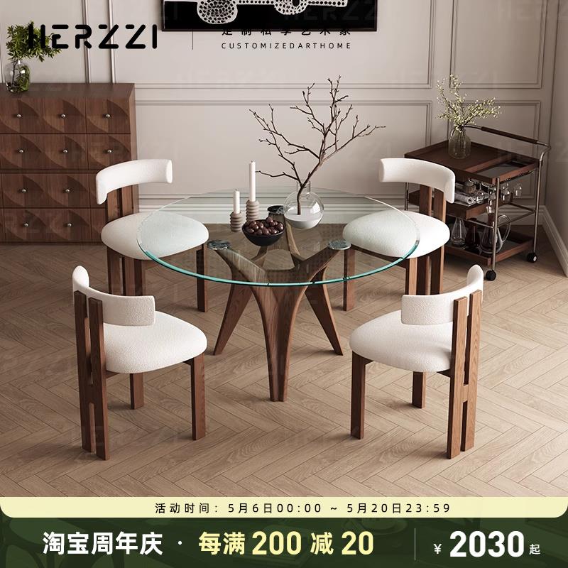 HERZZI设计师全实木钢化玻璃餐桌家用现代吃饭小户型圆形桌子洽谈