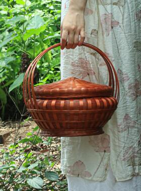 有盖的竹编手财神拜篮，竹编绿色拜篮，覆古婚礼拜篮，礼品篮