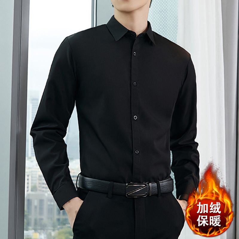 男款冬季加绒加厚黑色衬衫男保暖衬衫