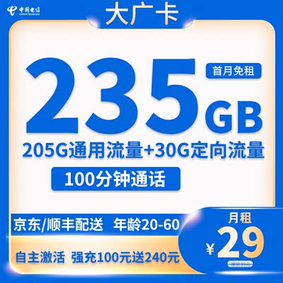 电信-大广卡月租29元长期套餐每月包235G全国流量100分钟通话