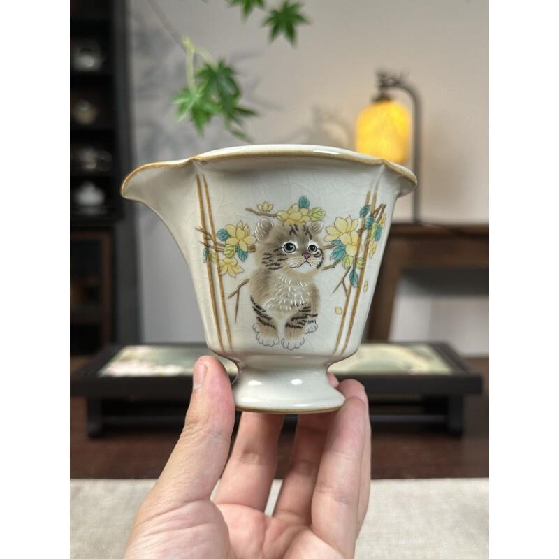 顶先黄汝窑开片可养萌猫公道杯陶瓷功夫茶具分茶器茶道公杯茶海
