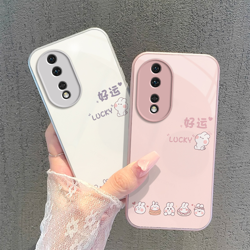 适用荣耀80手机壳华为HONOR80Pro保护套H0N0R80Pr0新款钢化玻璃全包防摔八十专用八零曲屏版简约男女好运兔子