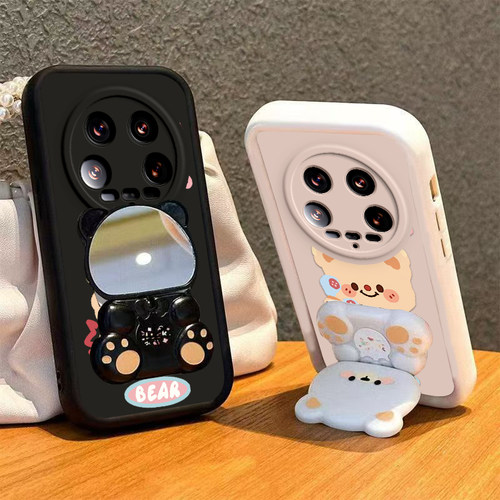 适用小米14Ultra手机壳小熊支架Xiaomi14Utral保护套Uitra新款14U十四Utra镜子硅胶软壳创意镜头全包防摔男女