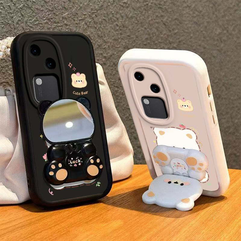 适用vivoS18手机壳小熊支架vivo S18Pro保护套viv0新款镜子软硅胶全包防摔曲屏曲面屏步步高维沃Por是Pr0男女