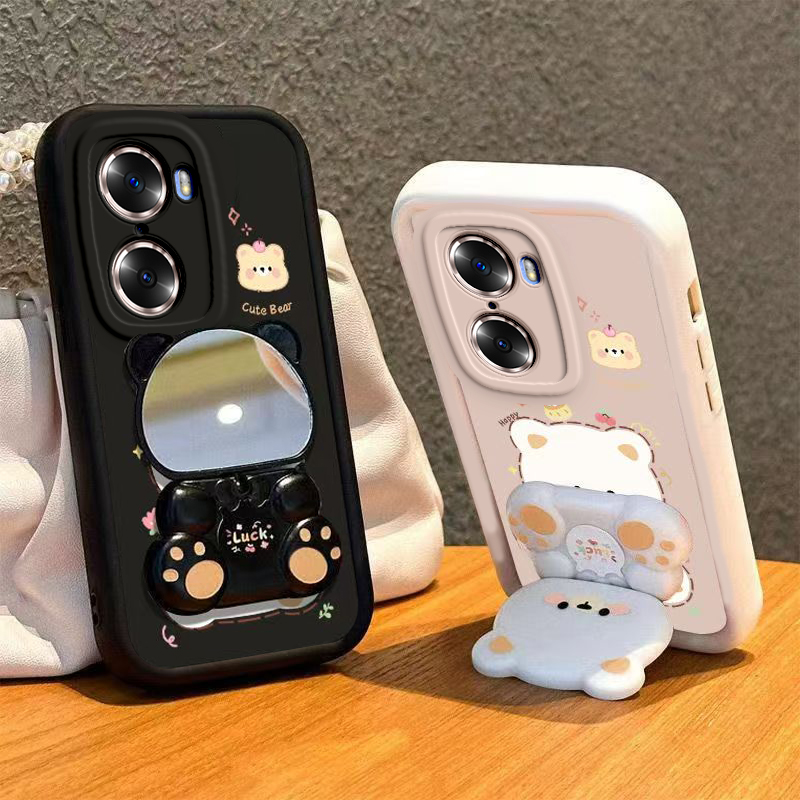 适用荣耀60手机壳小熊支架华为HONOR6O保护套H0N0R60pro新款硅胶软壳全包防摔六十专用六零por镜子曲面屏男女