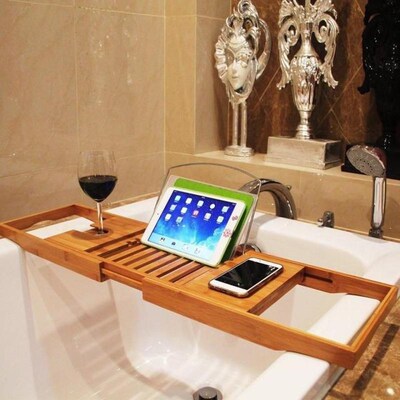 Extendable Bamboon Bathtub Tray Caddy Wooden Bath Organizer