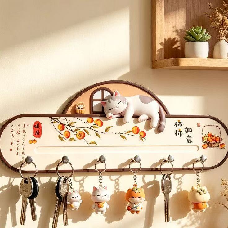 中式小猫柿子装饰挂钩入户门玄关钥匙收纳挂架家居摆件卡通挂件