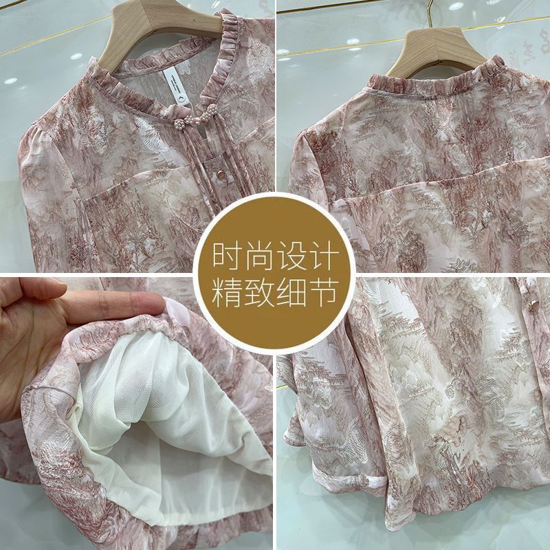春秋新款宽松百搭显瘦印花花边领小衫衬衣时尚碎花雪纺衫女2025年