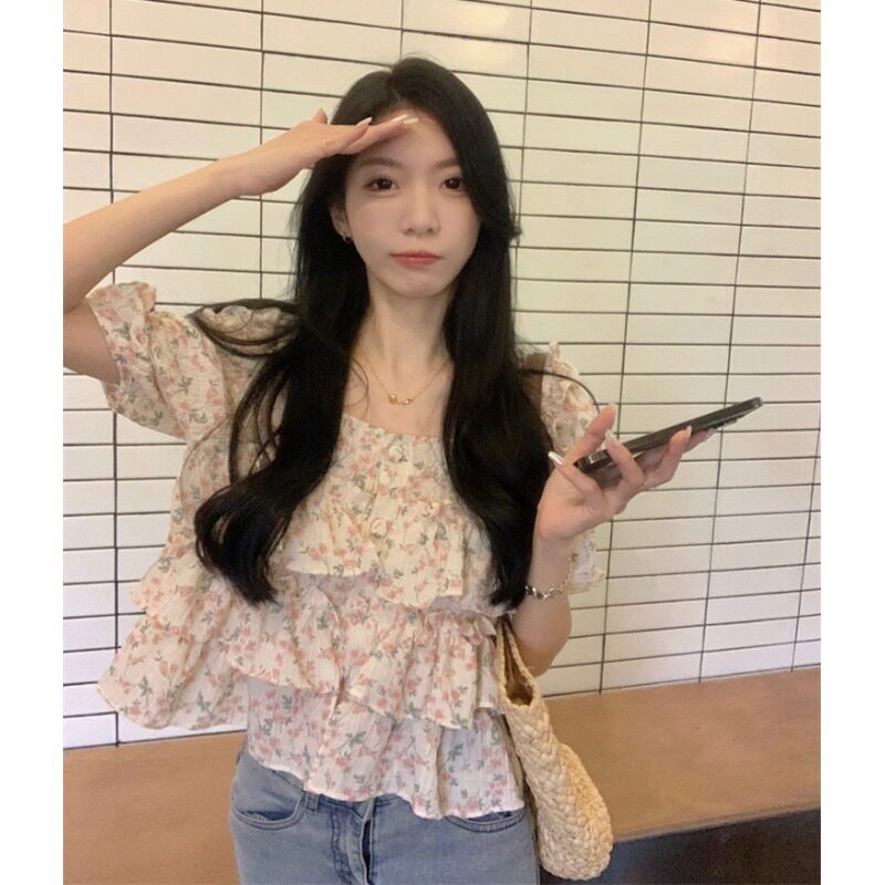 法式复古甜美方领泡泡袖碎花短袖荷叶边雪纺衫女夏季2026新款上衣
