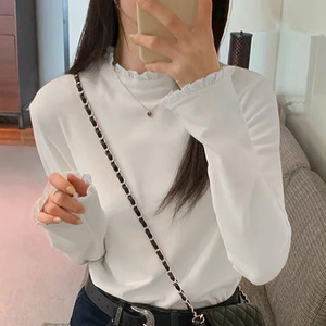 花边拼接半高领打底衫女秋冬双面磨毛修身设计感针织衫内搭dd
