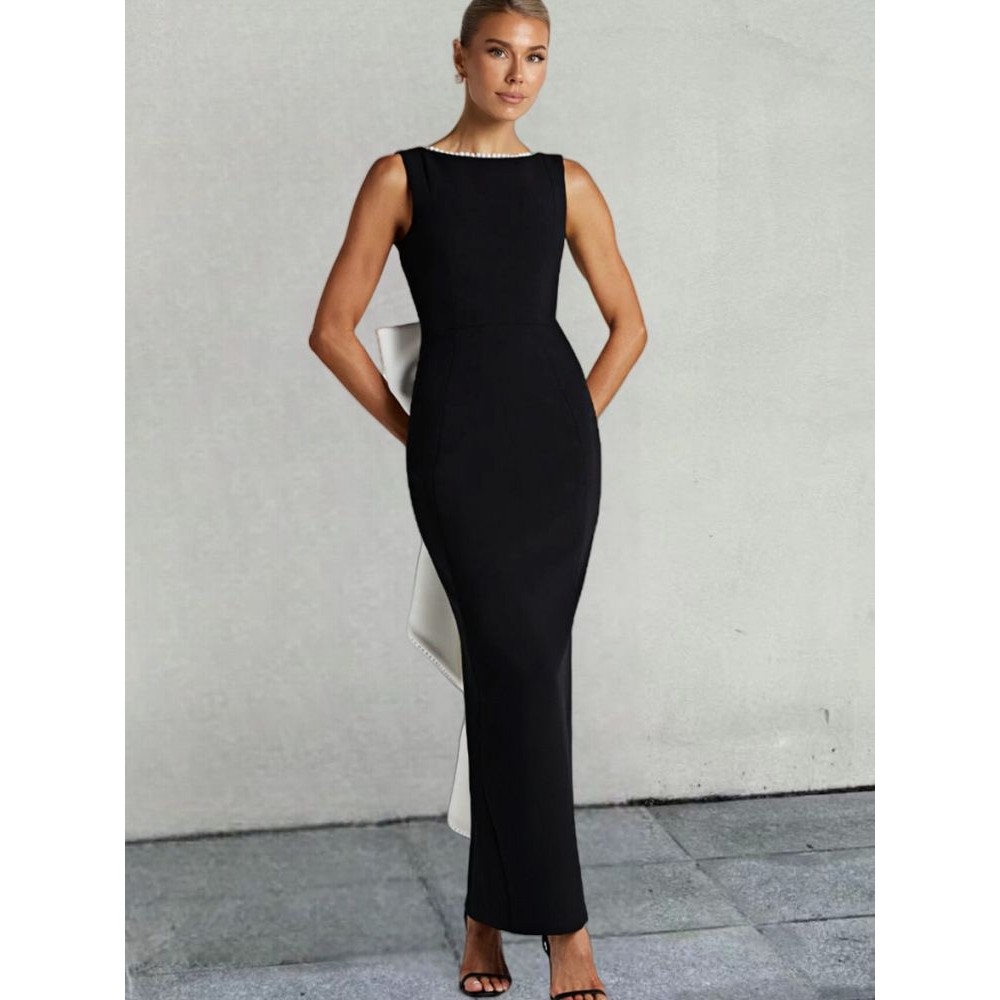 名媛风黑白撞色无袖连衣裙2025年春夏新款辣妹露背珍珠蝴蝶结长裙,女装/女士精品,连衣裙,淘宝优惠券,粉丝福利购,淘宝优惠卷