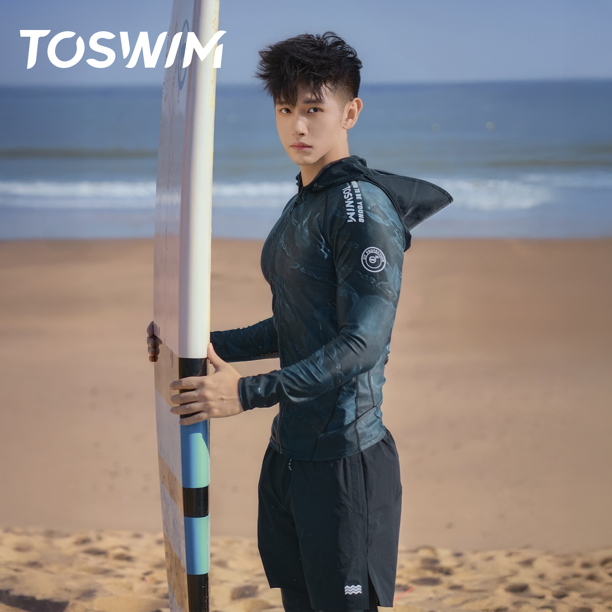 TOSWIM泳衣男款游泳装备泳裤泳帽泳镜三件套防晒长袖长裤潜水冲浪