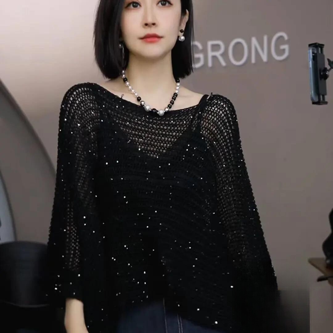 黑色圆领镂空钩花亮片蝙蝠袖松弛针织衫女春夏2026新款搭裙子罩衫
