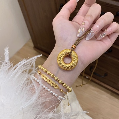 新中式国风古法金色钱币平安扣吊坠编绳项链女2025新款铜钱毛衣链