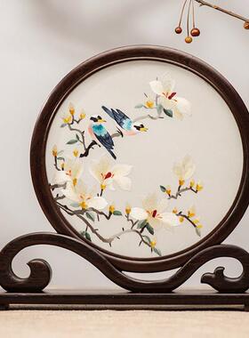 苏州双面刺绣手工自绣摆件实木台屏摆台苏绣屏风新中式创意工艺品