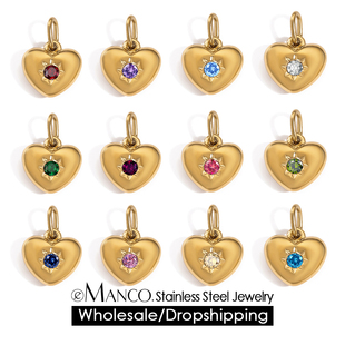 14K金电镀钛钢配饰十二生辰幸运石爱心吊坠DIY手工项链手链挂件
