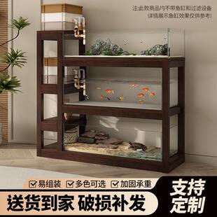 鱼缸架子实木中古风客厅溪流缸专用底柜三层超强承重置物鱼缸底座