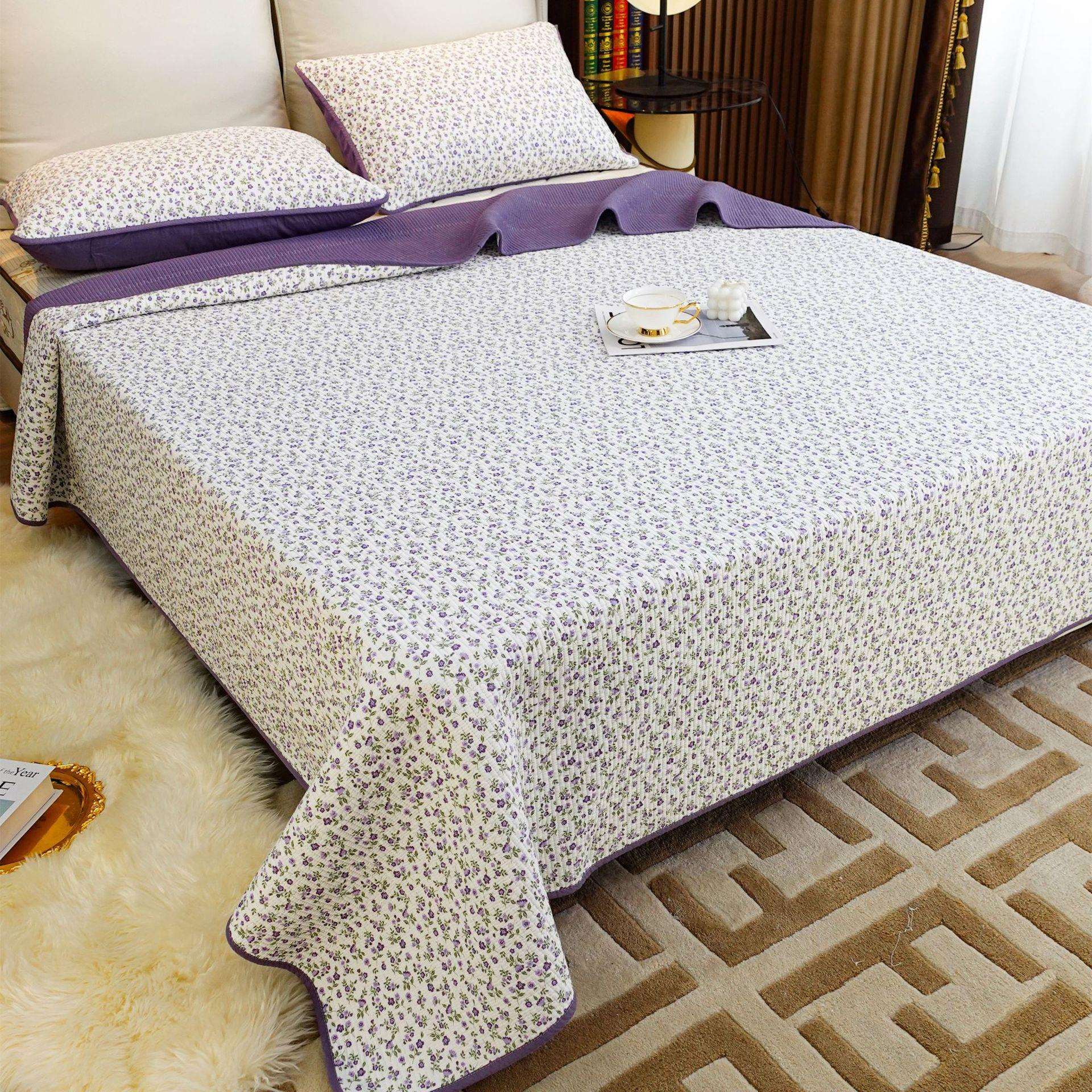 法式斜纹纯棉床盖三件套全棉小碎花家用厚床单绗缝被