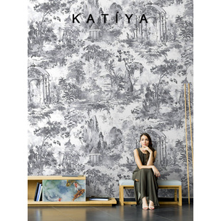 Katiya法式 手绘壁纸复古墙布装 饰别墅高档电视背景墙客厅定制壁画