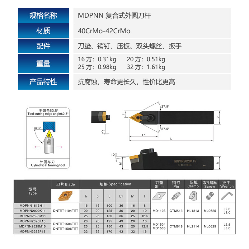 数控车床刀具62.5度外圆车刀刀杆MDPNN菱形尖刀片外圆刀刀杆精车